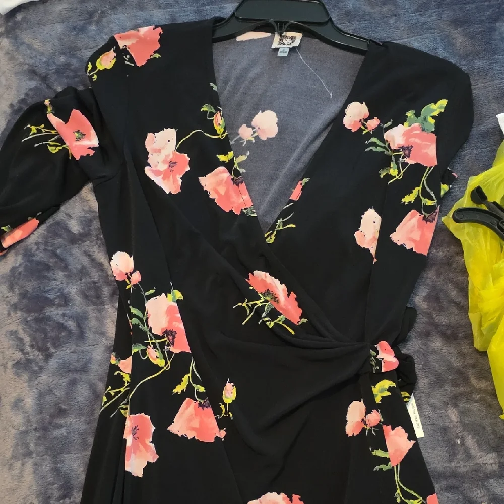 Anne Klein Black Midi Wrap Dress with Coral Floral Print - Picture 1 of 5